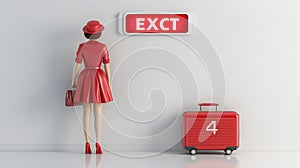 Stylish woman in red with a suitcase, perhaps waiting, signifying travel or departure