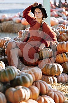 Stylish woman sitting among stack of ripe orange pumpkins on farmers market in brown sweater, dress and hat. Cozy autumn