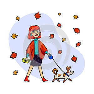 Stylish Woman walking with a dog. Vector illustration in a flat style.