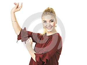 Stylish woman wearing burgundy top
