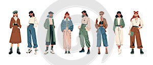 Stylish women in fashion clothes. Cartoon characters in trendy outfits with different accessories, hipster modern ladies