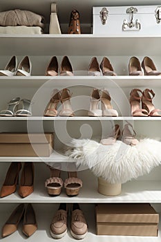 Stylish women`s shoes, clothes and bags on shelving unit