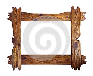 Stylish wooden frame isolated on white background. made of pine. Mockup. Empty horizontal template. Edges are jagged.