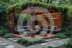 Stylish Wooden gazebo in a beautiful green garden