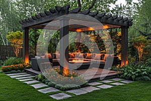 Stylish Wooden gazebo in a beautiful green garden