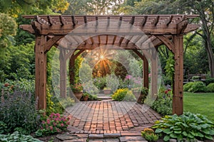 Stylish Wooden gazebo in a beautiful green garden