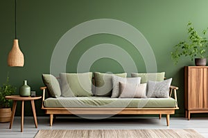 Stylish wooden sofa with green and grey cushions against green wall