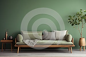 Stylish wooden sofa with green and grey cushions against green wall