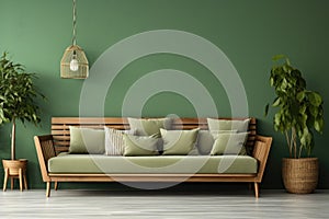 Stylish wooden sofa with green and grey cushions against green wall