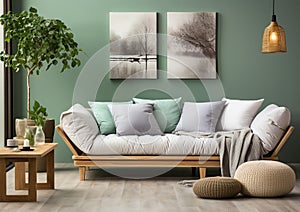 Stylish wooden sofa with green and grey cushions against green wall. Beige pouf and side table on hardwood floor. Scandinavian