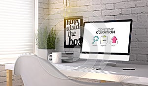 Stylish workplace with computer with Content curation concept on