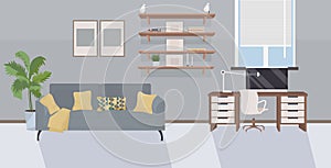 Stylish workplace with computer at home empty no people house with furniture modern living room interior flat horizontal