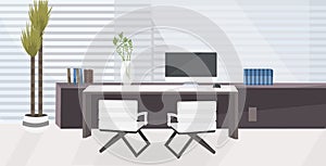 Stylish workplace with computer monitor at office modern cabinet interior empty no people room with furniture flat