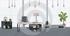 Stylish workplace with laptop modern office cabinet interior empty no people room with furniture flat horizontal