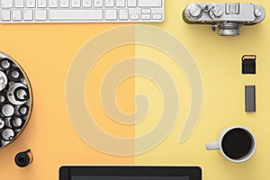 Stylish workspace of photographer. Flat lay. photo