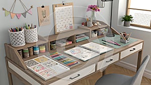 Interior worktable with drawing and decoration materials