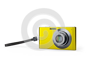 Stylish yellow compact pocket digital camera isolated on white background