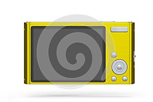 Stylish yellow compact pocket digital camera isolated on white background