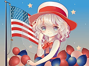 Stylish Young American Girl Character Wearing Top Hat and Standing with US Flag Pole in Colorful Balloons Background.