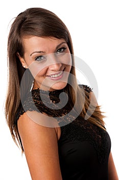 A stylish young brunette woman in black dress in little black dr