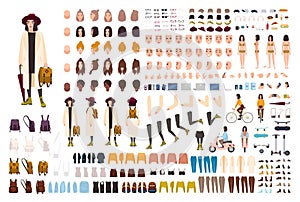 Stylish young girl creation set or DIY kit. Collection of body parts, trendy clothes, fashionable accessories, faces