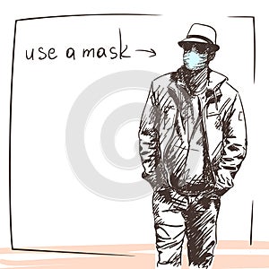 Stylish young man in medical face mask, in hat, hands in pockets walking, Use a mask banner, Coronavirus pandemic people sketch