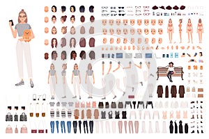 Stylish young woman animation set or constructor kit. Collection of body parts, gestures, trendy clothes and accessories photo