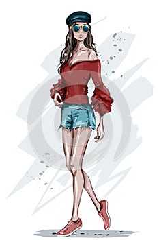 Stylish young woman in cap. Hand drawn fashion model posing. photo