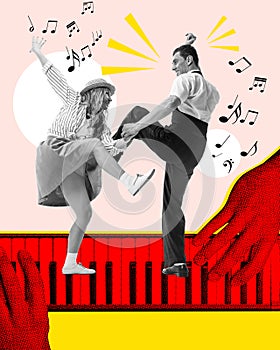 Stylish young woman and man dancing on piano keys over light background. Celebration. Contemporary art collage. Poster