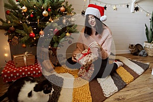 Stylish young woman opening christmas gift box with cats under christmas tree with lights in modern room. Happy girl in santa hat