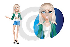 Stylish young woman in shorts and a green jacket. Beautiful cartoon character modern. Pose-demonstrate