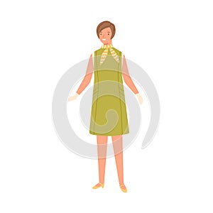 Stylish young woman wearing fashionable dress, scarf and gloves in 60s style. Female character in retro clothes. Flat