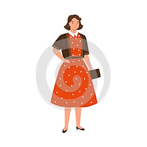 Stylish young woman wearing red dotted dress in 50s style. Beautiful female character in retro fashionable garment. Flat