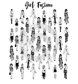 Stylish young women dressed in trendy clothes. Crowd of girls. Black and white illustration