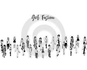 Stylish young women dressed in trendy clothes. Crowd of girls. Black and white illustration