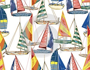 Stylished Marine nautical hand drawn Sail boat seamless vector pattern, vector, Colourful summer illustrator