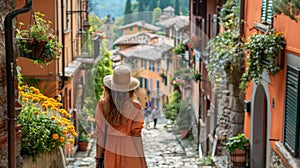 Stylishly attired woman strolling through a quaint Italian village, capturing the essence of shopping