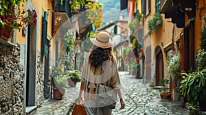 Stylishly attired woman strolling through a quaint Italian village, capturing the essence of shopping
