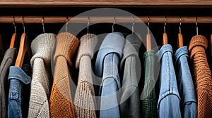 Stylishly Organized Closet Featuring a Colorful Collection of Cozy Sweaters and Shirts photo