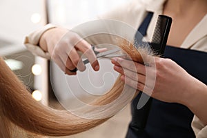 Stylist cutting hair of client in professional salon, closeup