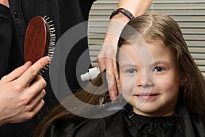 Stylist hairdresser combs girl long hair in beauty salon