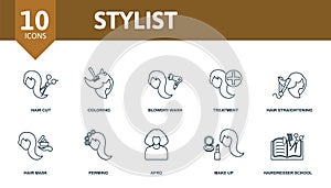 Stylist set icon. Editable icons stylist theme such as hair cut, blowdry wash, hair straightening and more.