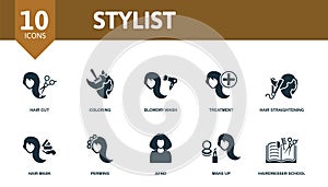 Stylist set icon. Editable icons stylist theme such as hair cut, blowdry wash, hair straightening and more.