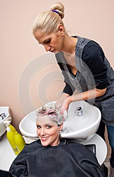 Stylist washing woman hair