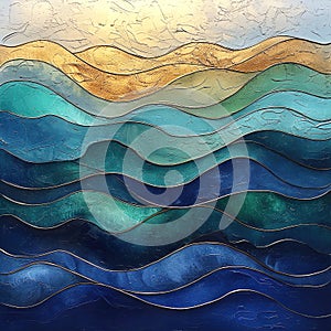 Stylistic textured ocean waves in blue and gold.