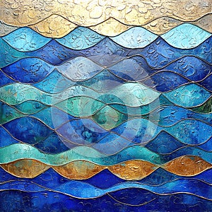 Stylistic textured ocean waves in blue and gold.