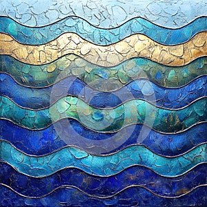 Stylistic textured ocean waves in blue and gold.