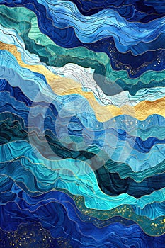 Stylistic textured ocean waves in blue and gold.