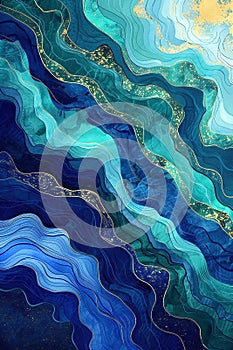 Stylistic textured ocean waves in blue and gold.