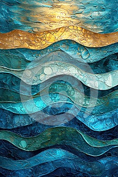 Stylistic textured ocean waves in blue and gold.